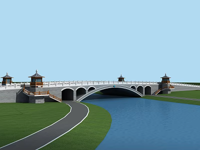 Chinese Style Stone Bridge With Pavilions And Arch Openings Over River By Grassland Pathway 3d model
