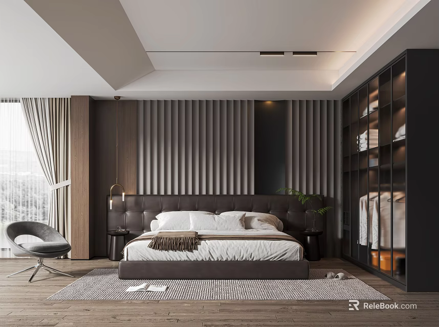 Modern Bedroom Interior With Dark Headboard Vertical Paneling Wall Area Rug And Accent Chair 3d model 