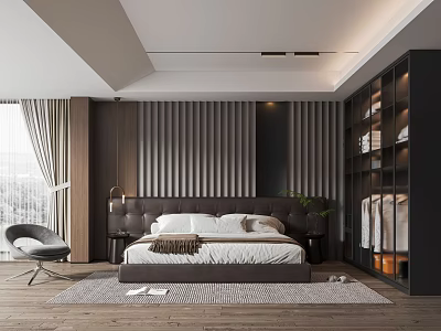 Modern Bedroom Interior With Dark Headboard Vertical Paneling Wall Area Rug And Accent Chair 3d model