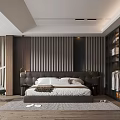 Modern Bedroom Interior With Dark Headboard Vertical Paneling Wall Area Rug And Accent Chair