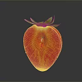 Fresh cut strawberry with red flesh and green leaves on dark reflective surface