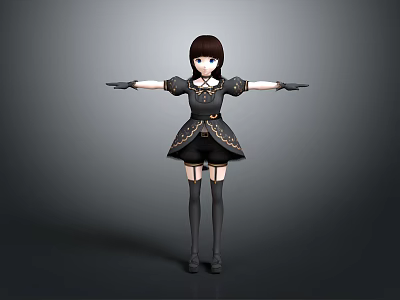 Child 3D Model in Stylish Black Dress with Gloves and Knee High Socks Arms Outstretched on Gray Background 3d model