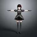 Child 3D Model in Stylish Black Dress with Gloves and Knee High Socks Arms Outstretched on Gray Background