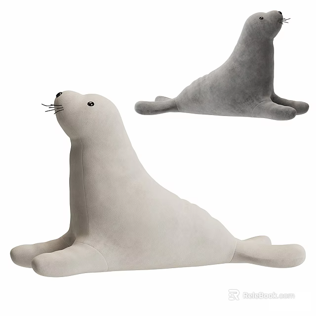 Light Gray Seal Plush Stuffed Toy in Sitting and Lying Positions for Kids 3d model 