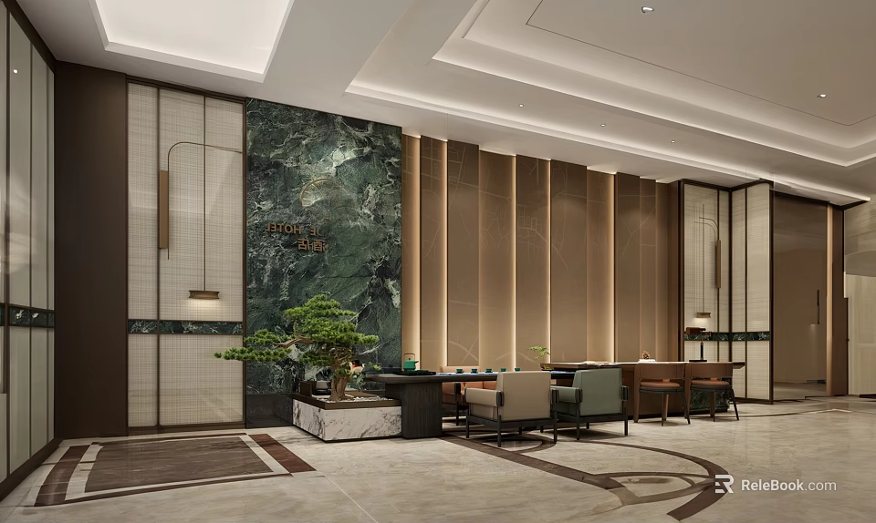 Luxurious Modern Hotel Lobby Interior With Marble Accents Green Plants And Warm Ambient Lighting 3d model 