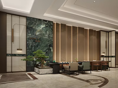 Luxurious Modern Hotel Lobby Interior With Marble Accents Green Plants And Warm Ambient Lighting 3d model