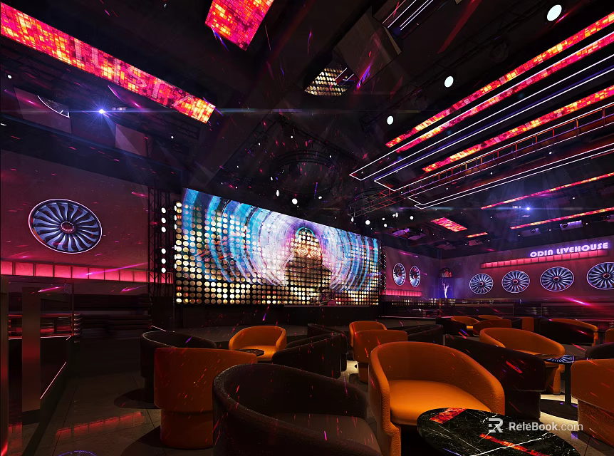 Modern Bar Interior With Colorful Neon Lights LED Screen And Comfortable Orange Seating 3d model 