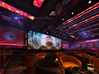 Modern Bar Interior With Colorful Neon Lights LED Screen And Comfortable Orange Seating 3d model
