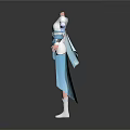 Women In Traditional White Top Blue Gray Skirt With Long Sleeves And White Boots