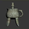 Ancient Bronze Tripod Cauldron Sculpture With Intricate Carvings And Columnar Handles