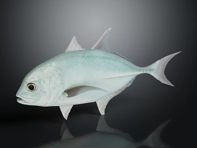 Light blue fish with prominent fins and tail on smooth surface with dark background reflection 3d model