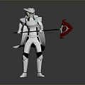 Silver White Armored Character with Helmet Holding Red Weapon Standing on Dark Reflective Surface