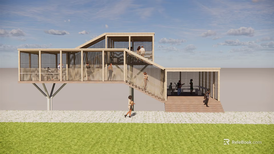 Modern Wooden Road Facility Walkway With Staircase Platform And People Walking On Grassland 3d model 
