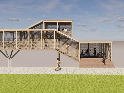 Modern Wooden Road Facility Walkway With Staircase Platform And People Walking On Grassland 3d model