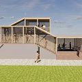 Modern Wooden Road Facility Walkway With Staircase Platform And People Walking On Grassland