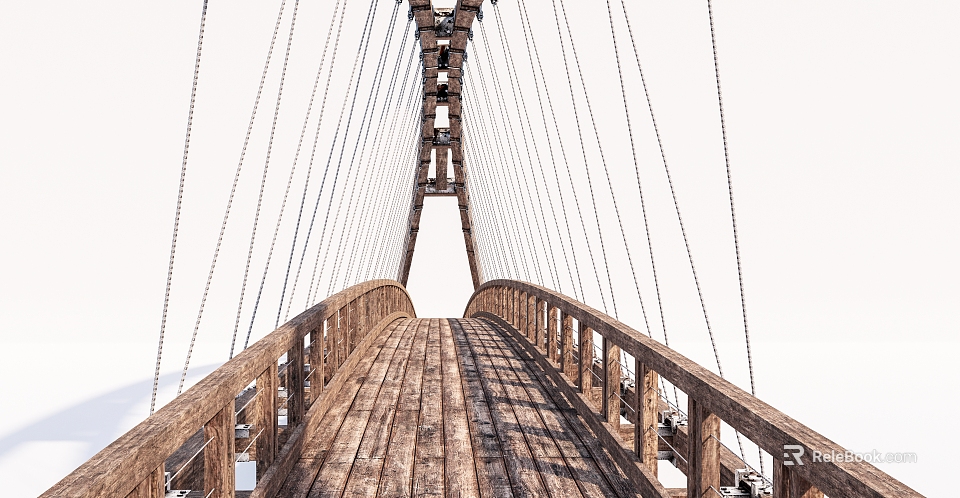 Stunning Wooden Suspension Bridge With Steel Cables Tower Deck And Railings 3d model 
