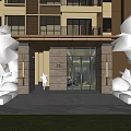 Modern Building Entrance with Stone Pillars Glass Door Canopy Greenery Lawn and Wall Lamps