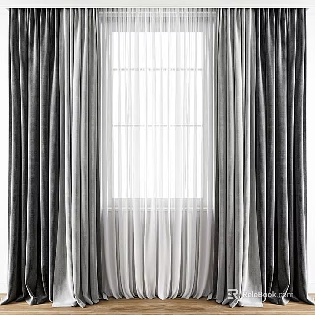 Gray and White Layered Curtains Enhancing Natural Light Through Modern Window 3d model 