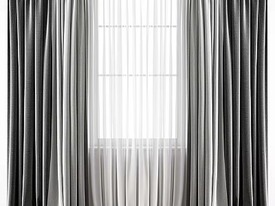 Gray and White Layered Curtains Enhancing Natural Light Through Modern Window 3d model