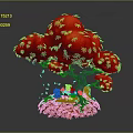 Vibrant Red Tree with Fluffy Red Leaves and Small Animals on Decorative Red Leaf Base 3d model