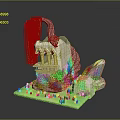 White Architectural Model With Pink Vines Green Plants And Stones On Base