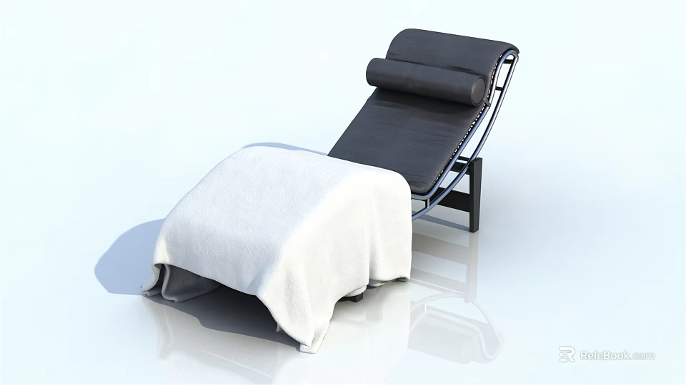 Black Leather Lounge Chair With Metal Frame And White Blanket Modern Design 3d model 