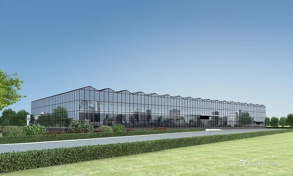 Modern Industrial Factory Building With Large Glass Curtain Walls Surrounding Greenery Lawn And Bushes 3d model 