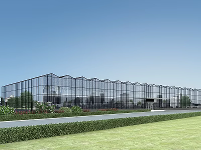 Modern Industrial Factory Building With Large Glass Curtain Walls Surrounding Greenery Lawn And Bushes 3d model