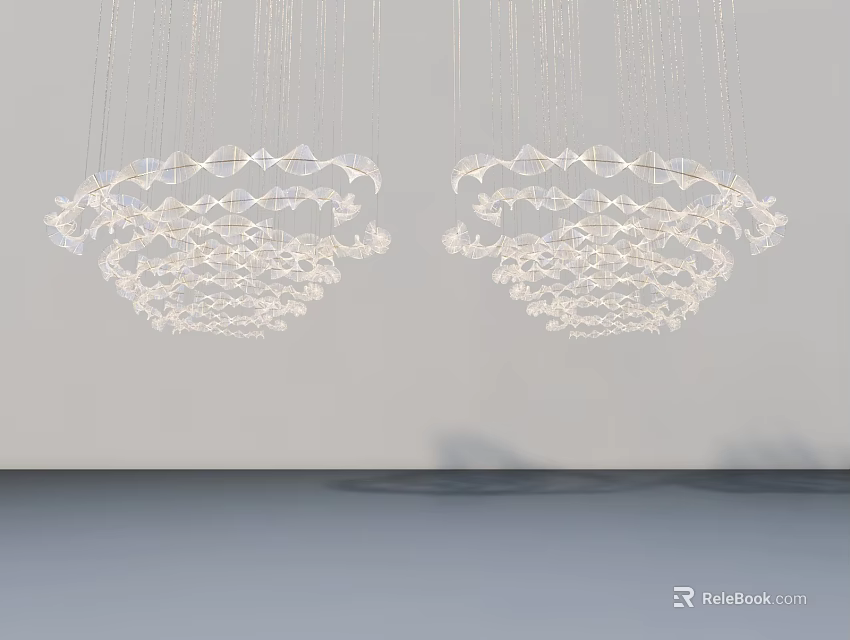 Swing Door Interior With Transparent Geometric Chandeliers And Gray Wall Design 3d model 