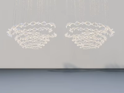 Swing Door Interior With Transparent Geometric Chandeliers And Gray Wall Design 3d model