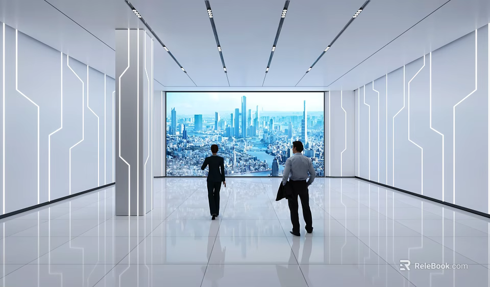 Spacious Modern Interior With Large Window City Skyline Ceiling Lights And Geometric Decor 3d model 
