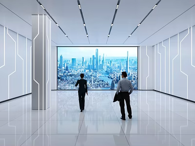 Spacious Modern Interior With Large Window City Skyline Ceiling Lights And Geometric Decor 3d model