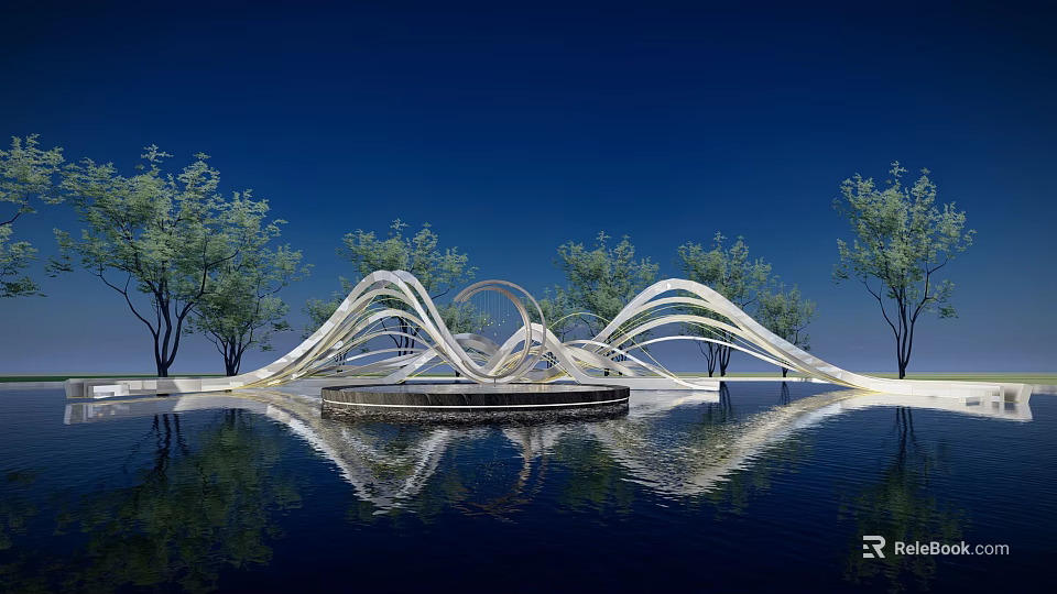 Modern Sleek Landscape Sculpture With Curved Design Water Reflection And Trees Under Blue Sky 3d model 