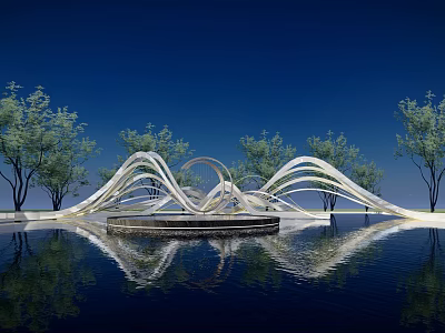 Modern Sleek Landscape Sculpture With Curved Design Water Reflection And Trees Under Blue Sky 3d model