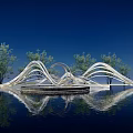 Modern Sleek Landscape Sculpture With Curved Design Water Reflection And Trees Under Blue Sky