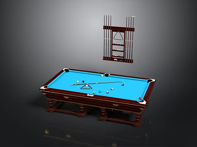 Billiard Table Setup With Blue Felt Surface Wooden Frame And Hanging Cue Rack 3d model