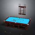 Billiard Table Setup With Blue Felt Surface Wooden Frame And Hanging Cue Rack