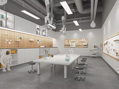 Modern Laboratory Interior With White Lab Table Stools Specimen Displays And Cabinets 3d model