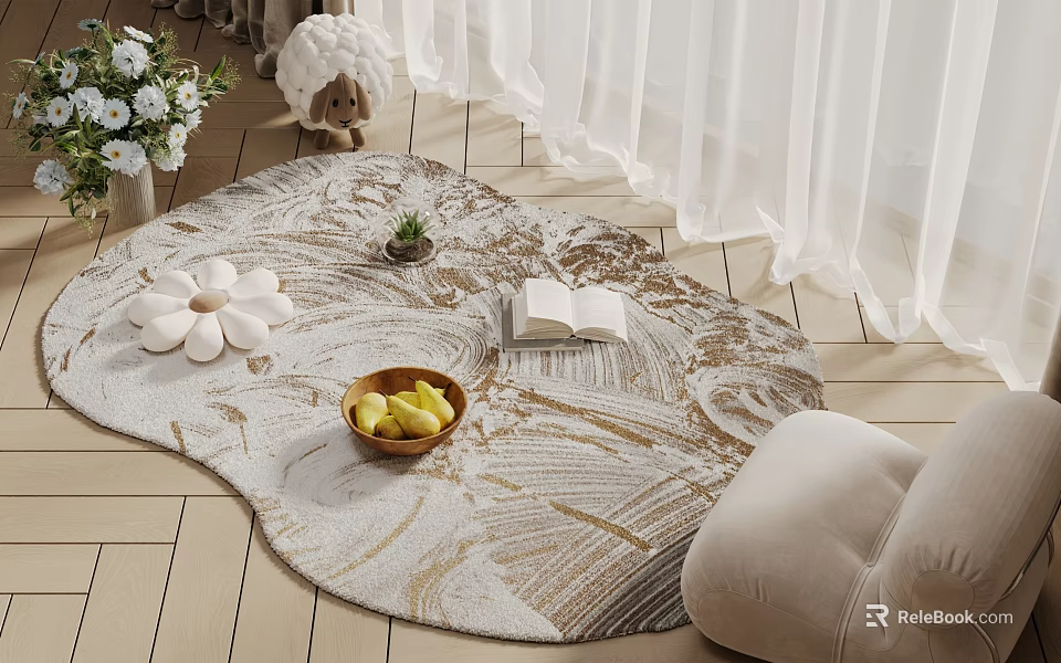 Elegant Square Rug with Fruit Bowl Open Book and Potted Plant on Wooden Floor 3d model 