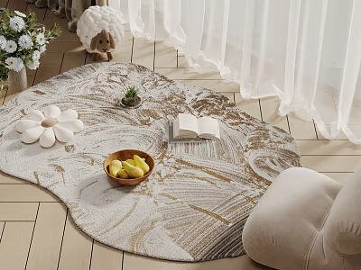 Elegant Square Rug with Fruit Bowl Open Book and Potted Plant on Wooden Floor 3d model