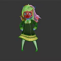 Cartoon Character With Cat Ears Black Hair Green Eyes In Brown Dress And Yellow Trim