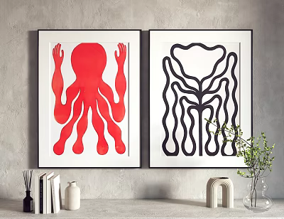 Two Abstract Design Decorative Artworks Red And Black On Wall With Books Vase Green Plant 3d model