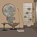 Modern Leisure Chair Interior With Moon Decor Floor Lamp And Potted Plant