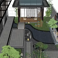 Traditional Chinese Courtyard Garden With Lush Greenery Stone Pathway Lanterns And Water Features