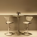 Brown Bar Stools with Wooden Backrests Metal Frames Gold Base Round Table Vase White Flowers