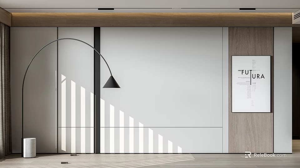 Modern Sculpture Carving Artwork In Bright Interior With Floor Lamp And Striped Shadow Patterns 3d model 