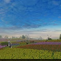 Blue Sky with Clouds Over Vibrant Flower Fields Windmills Distant Trees and People Walking
