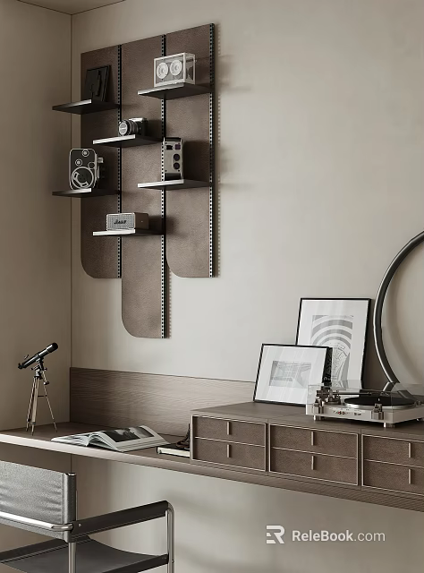 Stylish Wall Mounted Shelves Displaying Vintage Camera Records Books and Decorative Frames 3d model 