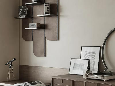 Stylish Wall Mounted Shelves Displaying Vintage Camera Records Books and Decorative Frames 3d model