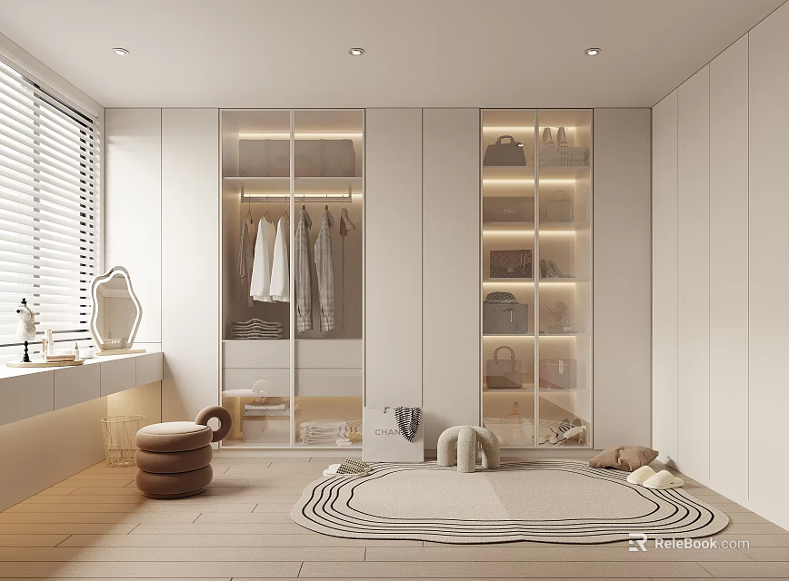 Modern Minimalist Walk In Closet Interior With Glass Wardrobes And Decor 3d model 